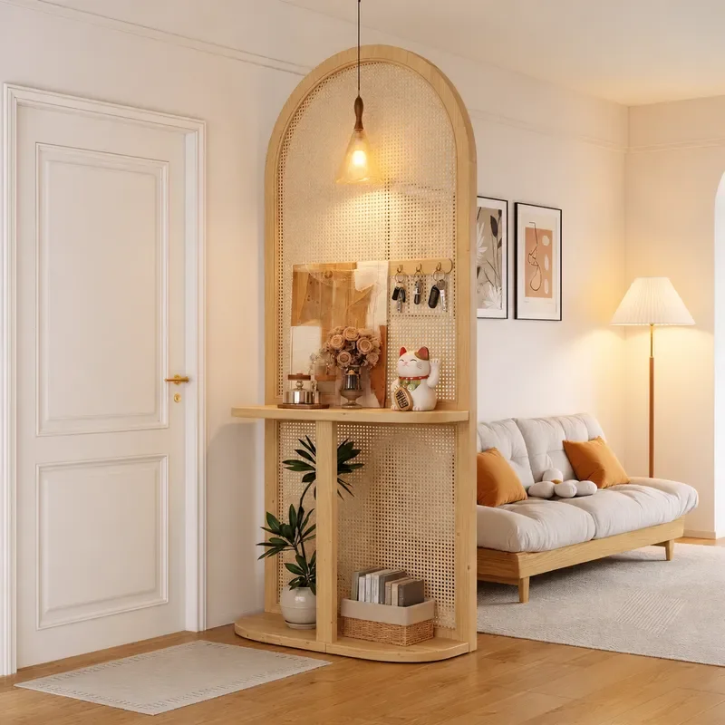 Japanese Style Solid Wood Rattan Shelf Entrance Screen Living Room Partition Front Door Privacy Shield Advanced Home Decor