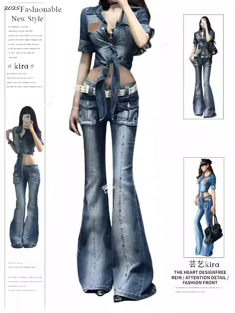 

Женские синие расклешенные джинсы Y2k с низкой талией Harajuku, винтажные джинсовые брюки в стиле эмо, японский стиль 2000-х, большие джинсы-карго, осенние брюки