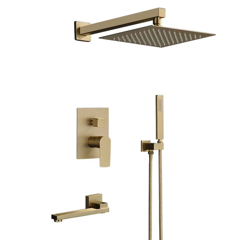 

Bathroom Shower Set Brushed Gold Square Rainfall Faucet Wall or Ceiling Wall Mounted Shower Mixer 8-12" Head