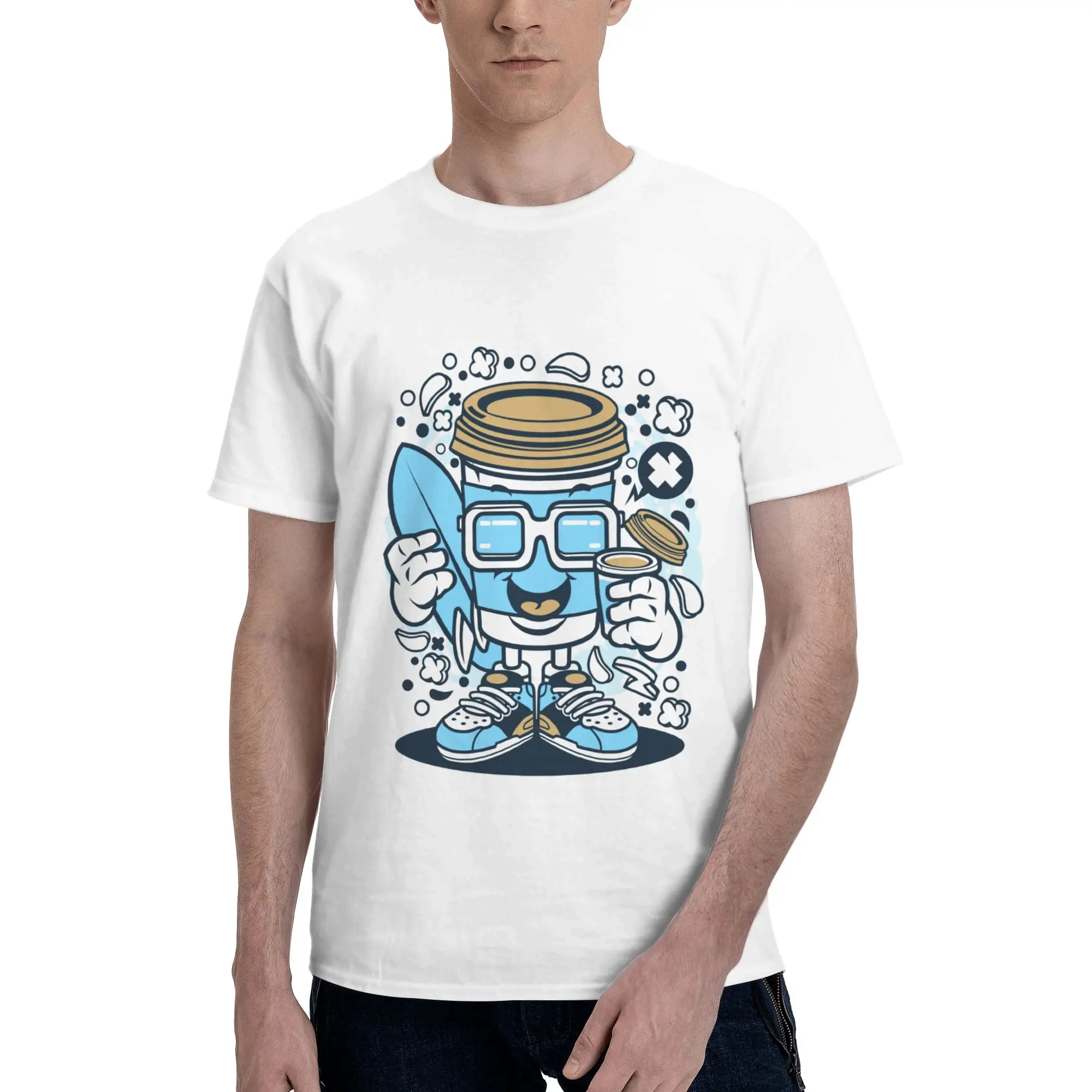 Coffee Cup Character Print Men's T-Shirt Clothes  Tee Shirt Short Sleeve fugees Pure Cotton