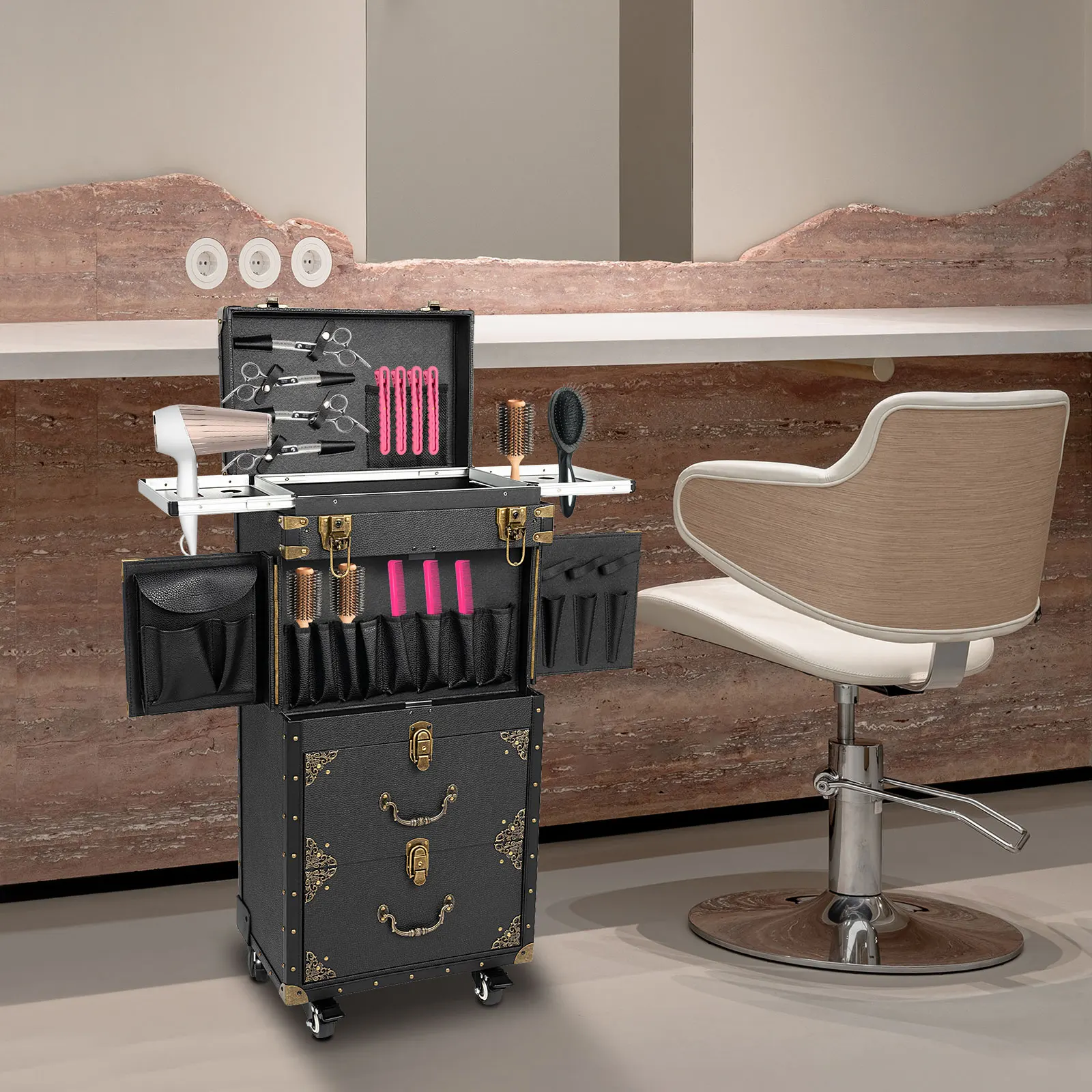 3 Layers Cosmetic Case, Rolling Makeup Train Case, 55.12 lbs Load Capacity, Large Capacity for Beauty Salon, Hairdresser, Barber, Stylist, Home, Travel, Storage