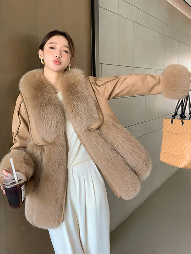 MENINA BONITA 2022 Real Fur Coat Winter Women Jacket Natural Fox Fur Collar Thick Suede Warm Loose Outerwear Fashion Locomotive