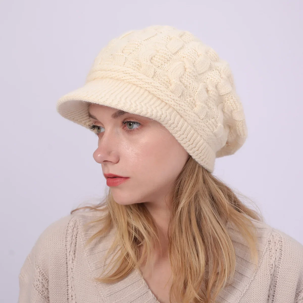 New Plush Warm Rabbit Wool Beret 8 Word Fried Dough Twists Hat Autumn and Winter Women's Knitting Cap image 4