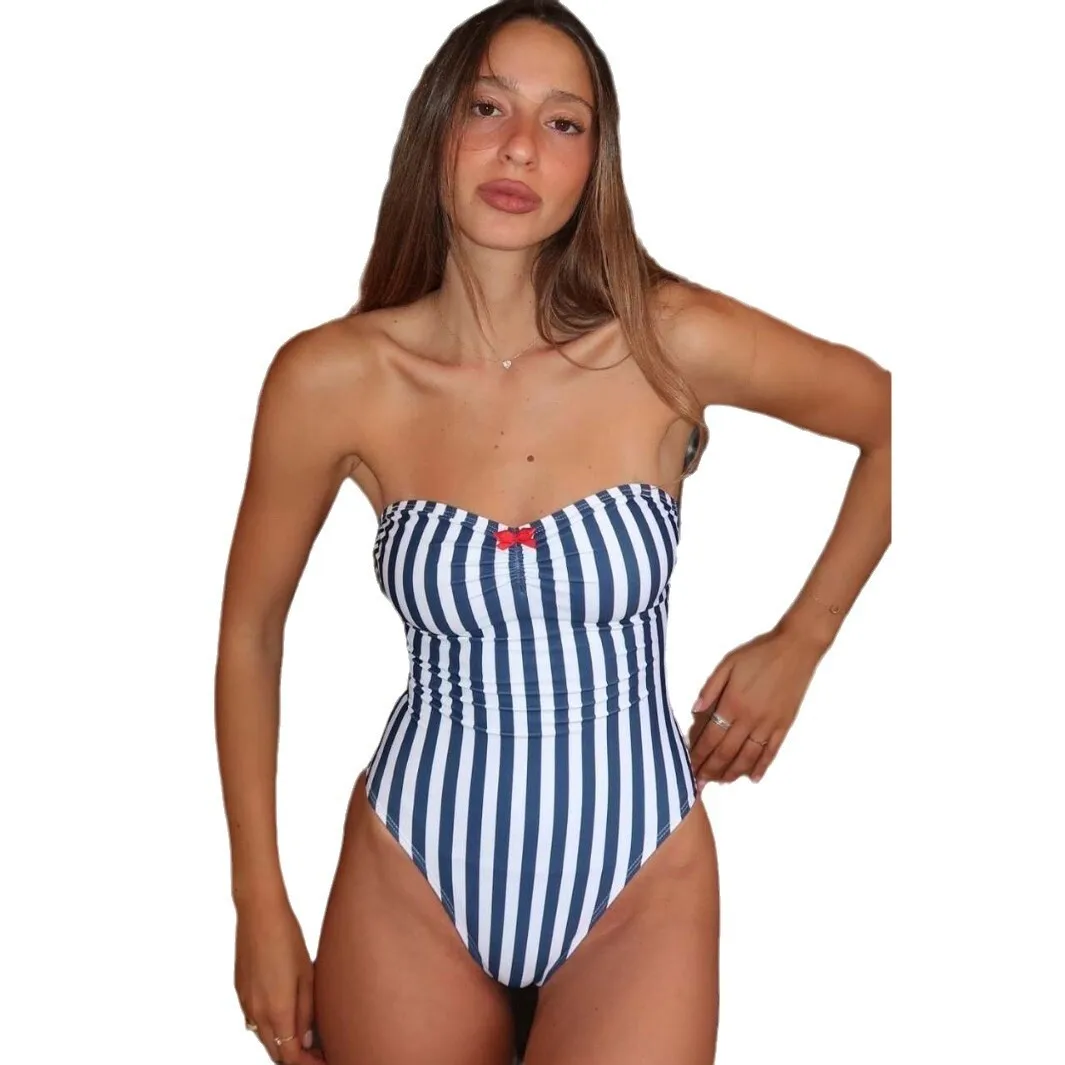 2025 여성을위한 새로운 줄무늬 꽉 원피스 수영복 여름 섹시한 서스펜더 대조 수영복