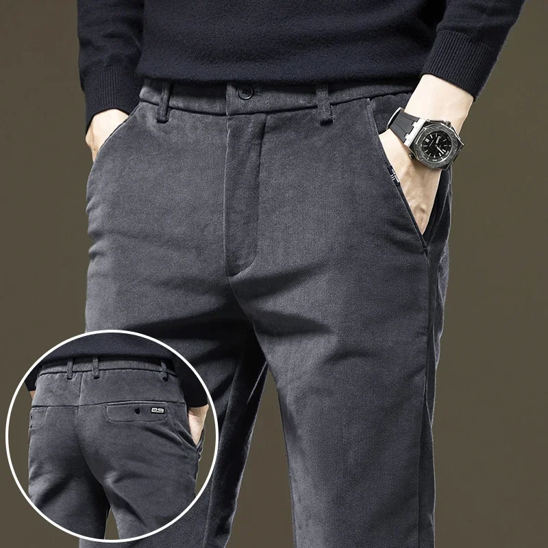 Black Corduroy Casual Pants for Men New Elastic Waist Comfortable Straight Classic Solid Color Business Trousers Male