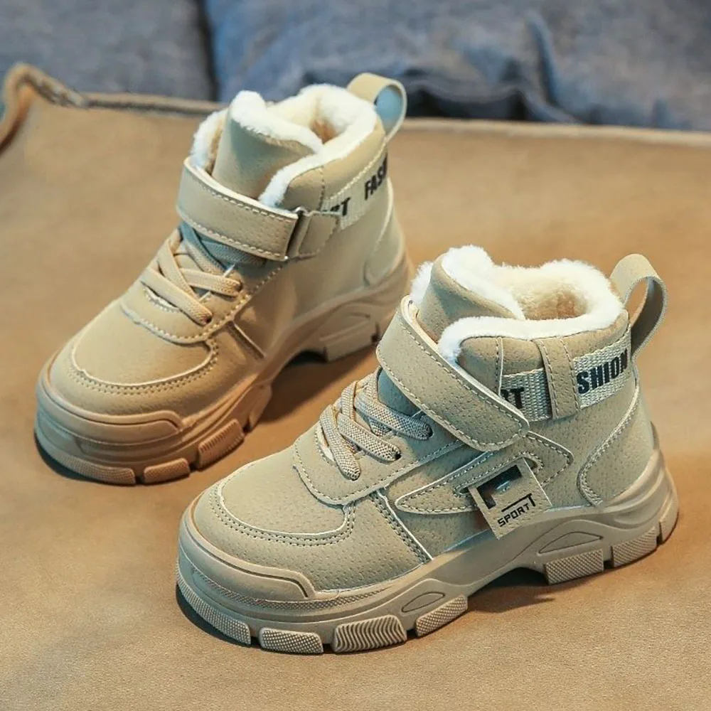 

Winter Plush Boots Children’s Anti-slippery Thick Warm Snow Boots PU Leather Trend Fashion Teenager Boy's Cotton Shoes Velcro