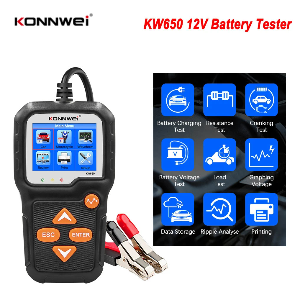 

KONNWEI KW650 6V 12V Car Battery Tester 100 to 2000 CCA Motorcycle Auto Battery Analyzer Car Moto Cranking Charging Test Tool