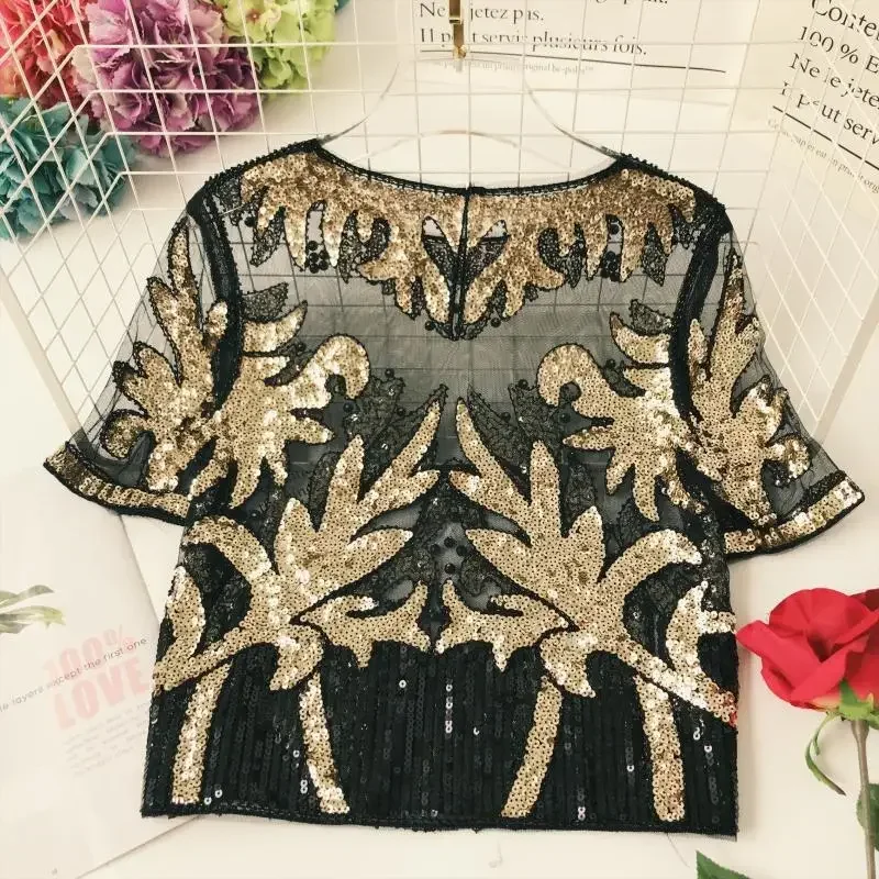 Sexy Floral Embroidered Beaded Mesh Tees Blingbling Sequined Short-sleeved O-Neck Perspective Gauze T-shirt Jumpers Crop Tops