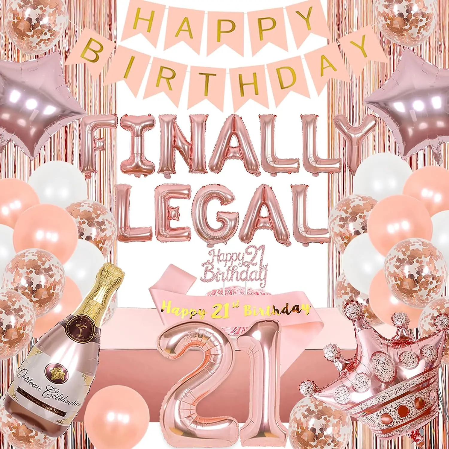 

Rose Gold 21st Birthday Decorations for Her Finally Legal Balloons with Happy Birthday Banner Girls 21st Birthday Party Supplies