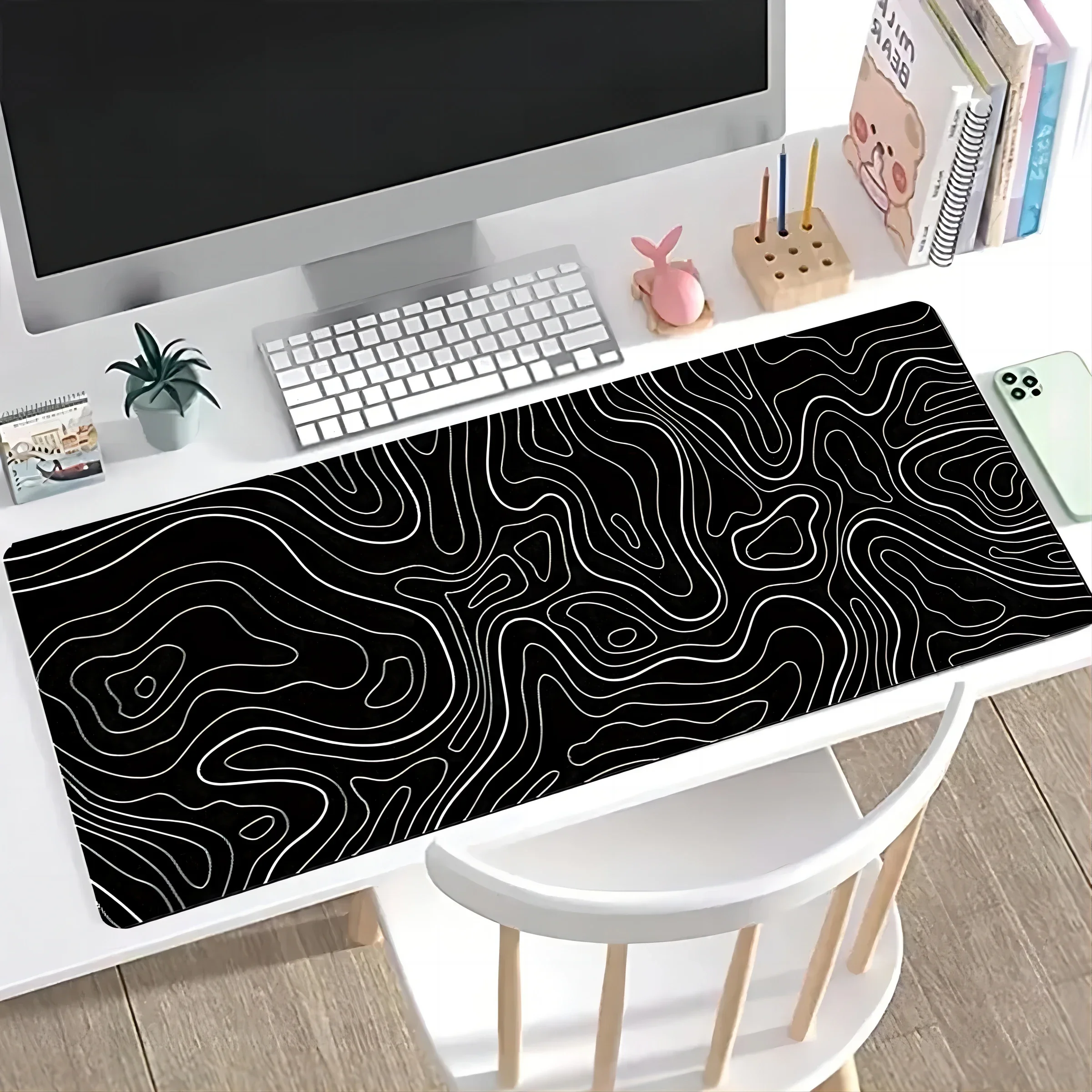 1Pcs Gaming Mouse Pad Large Keyboard Pad 31.5 x 11.8in Topographic Mouse Pad Black and White MousePad Gamer 800x300mm Table Mat