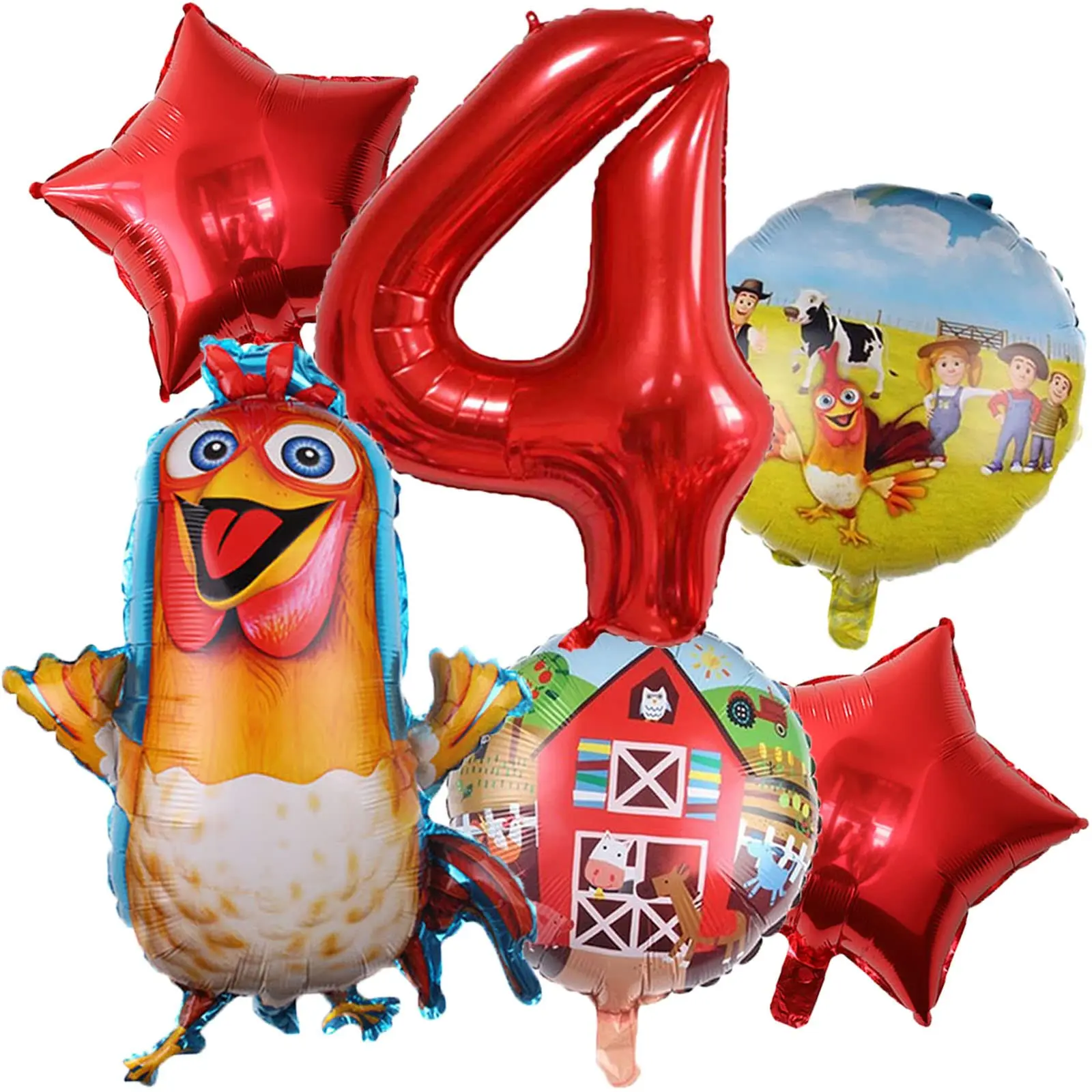 

6PCS Zenon Birthday Farm Decoration Farm Animal Balloons Chicken red Stars Digital Balloon Baby Shower La Granja De Zenón Party