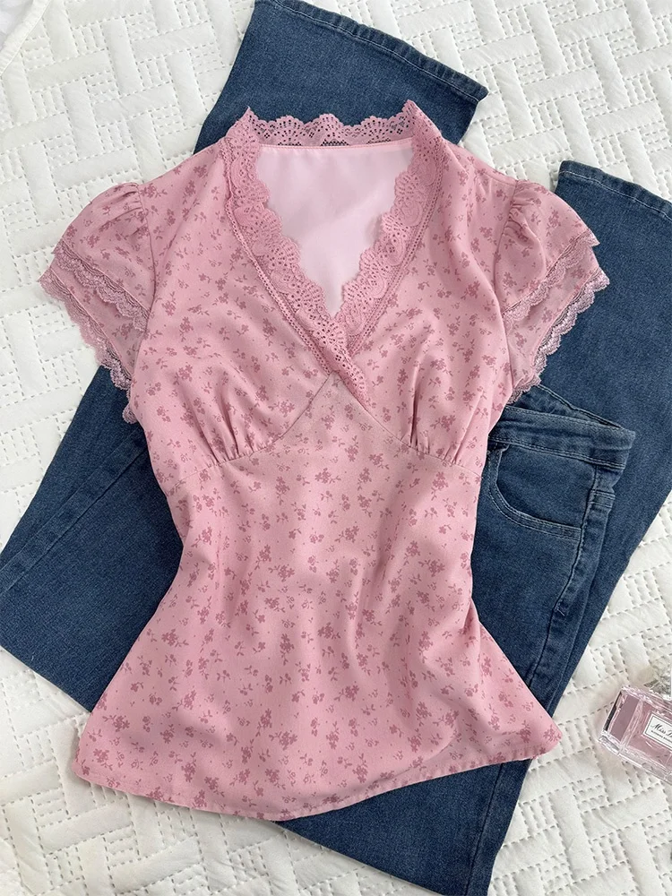 

Unique Pure Desire Pink ort Sve T-irt Retro Sle Commute Korean Version Slim Fit V-ne Regular Length Summer irt