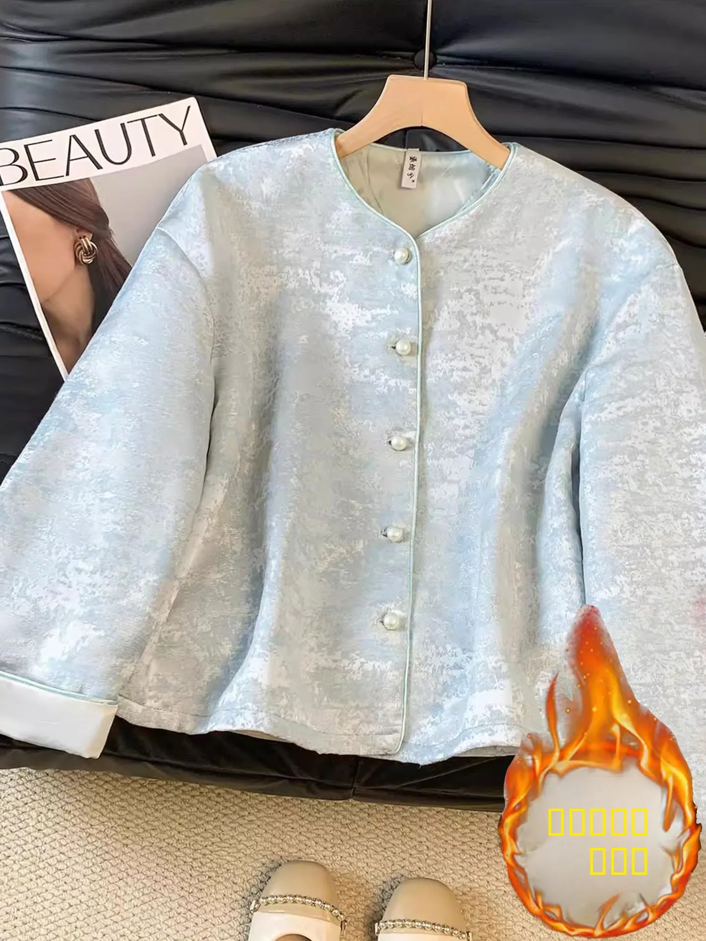 

Light Blue Long Sve Cotton Jaet Women's plus Size Autumn Winter Thin Cotton Coat Korean Sle Loose Fit round Ne Butto...