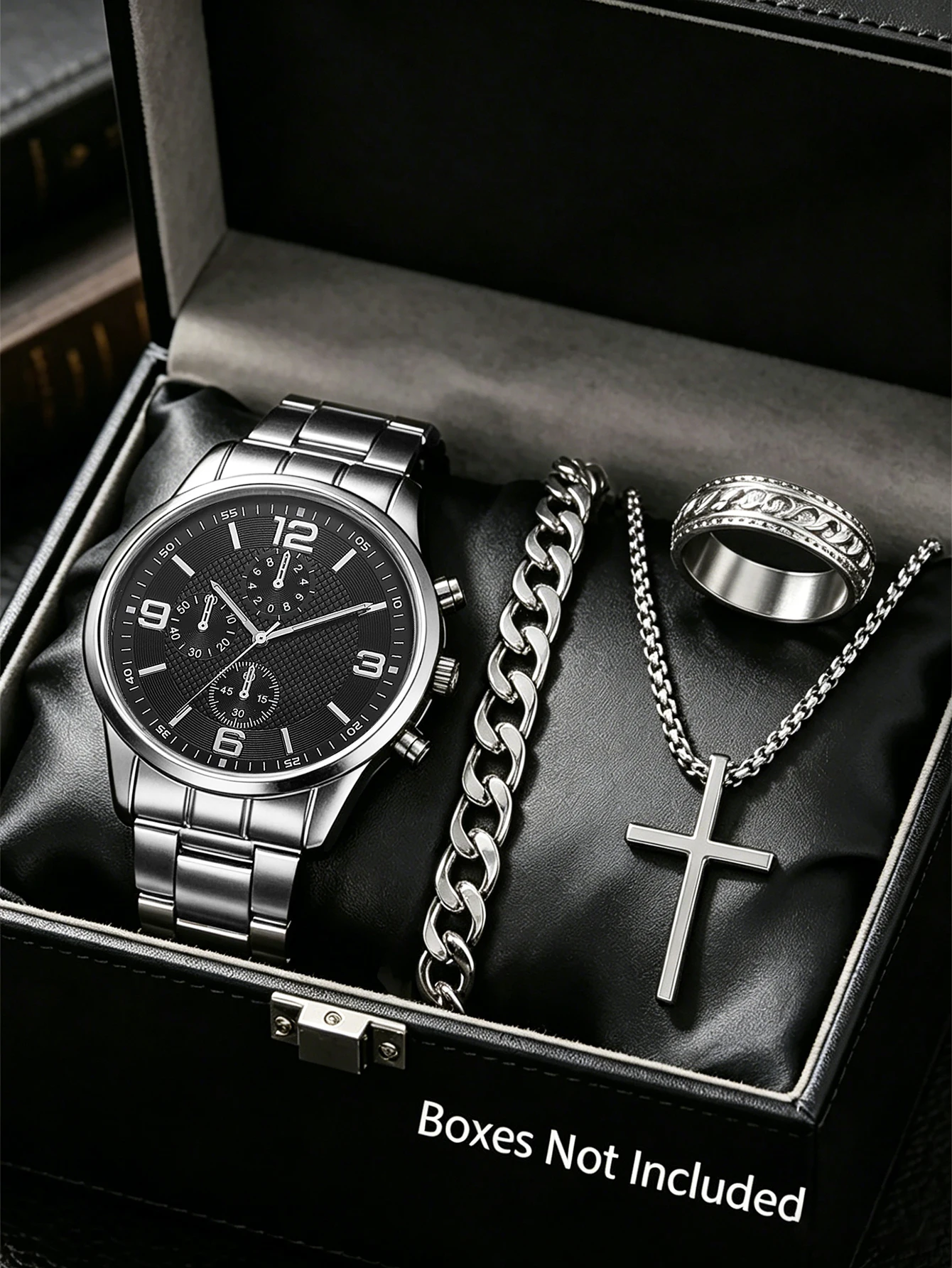 Eine modische und lässige Herren-Quarzuhr im Set mit Armband, Halskette und Ring – ein Vatertagsgeschenk.