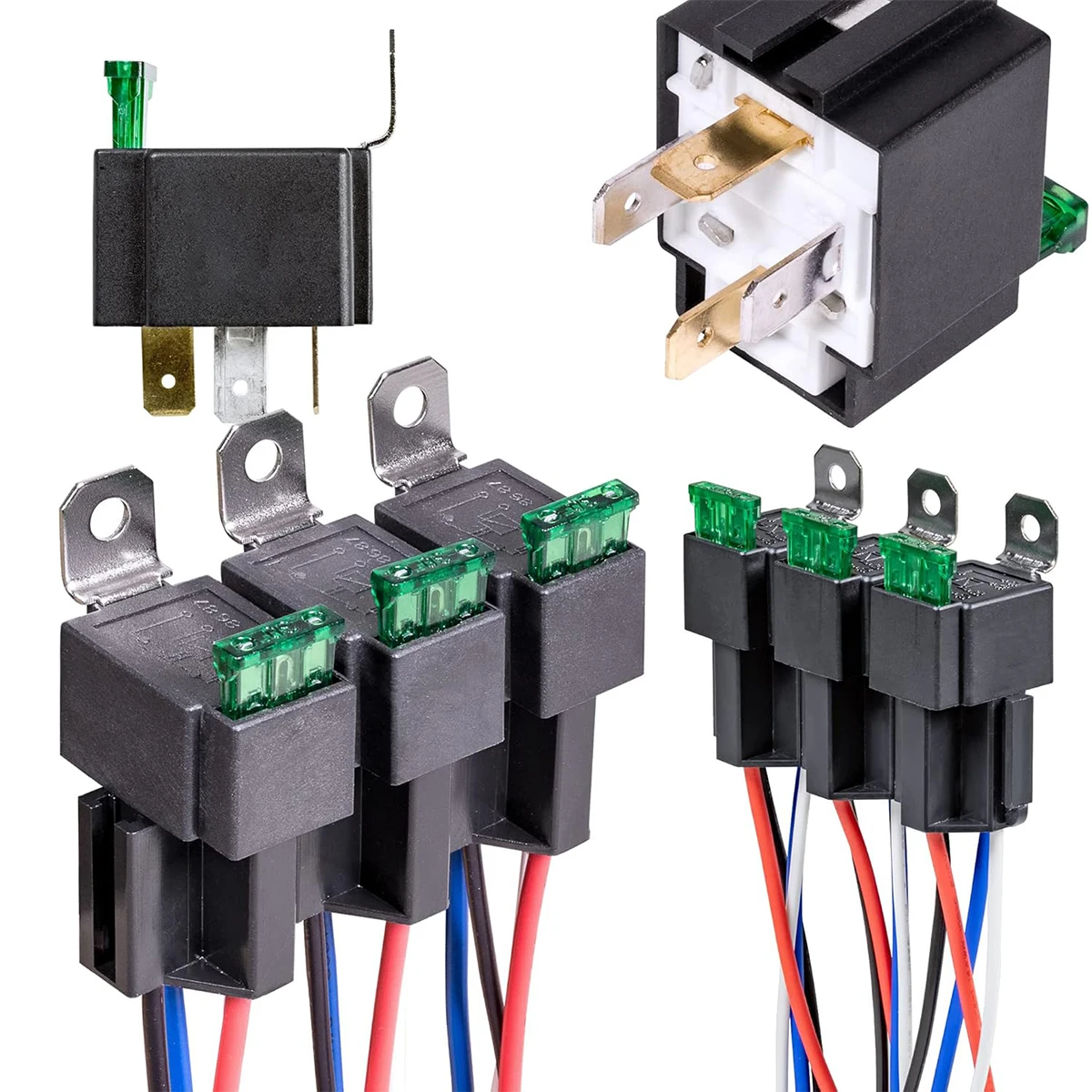 5-Pack Car Automotive Fused Relay 4PIN/5PIN SPST Relay with 30A FuseCar Motor Relay with Pre-wired Relay Sockets Kit