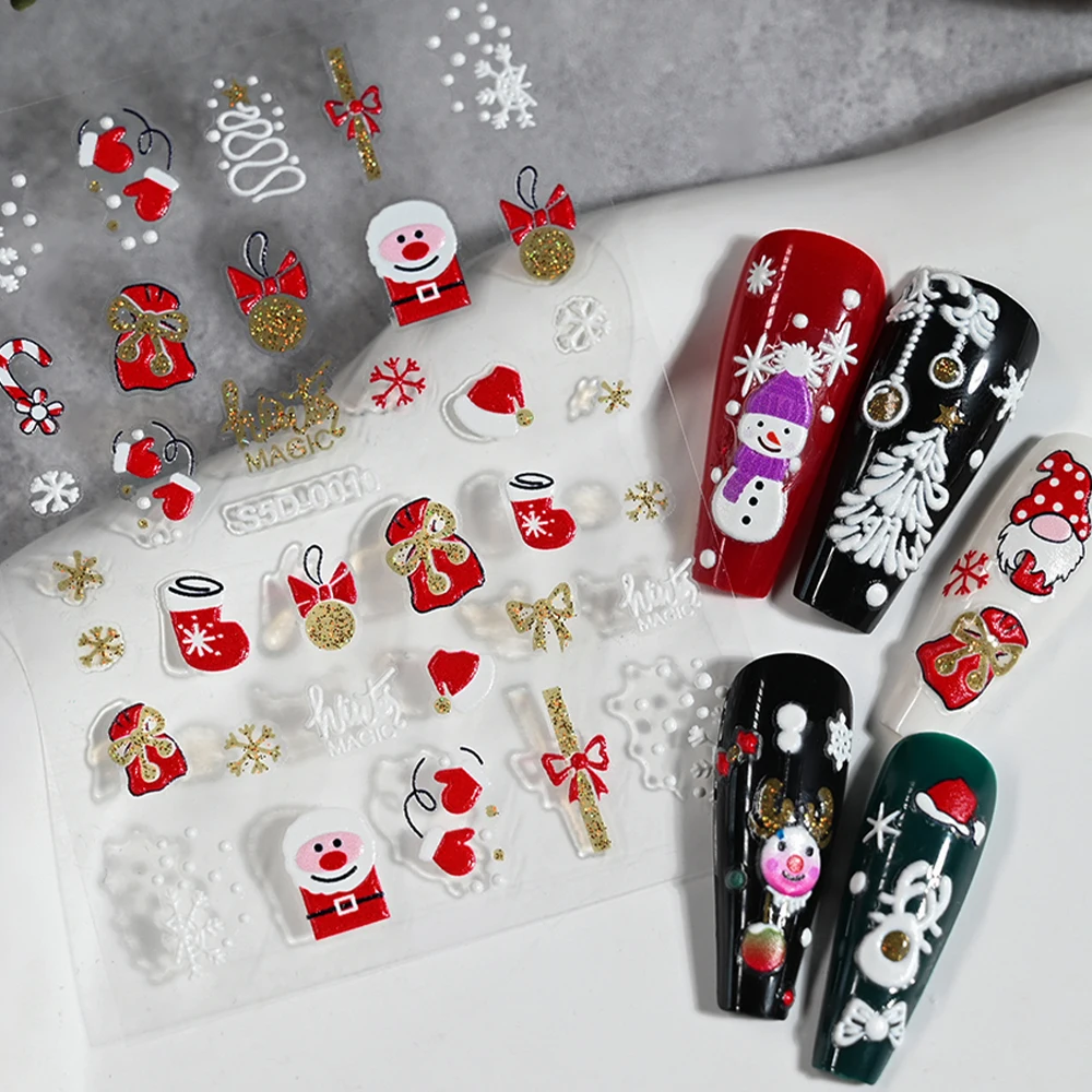 5D Gold Silver Glitter Christmas Nail Sticker Cute Cartoon Santa Claus Snowman Bowknot Nail Art Decals Christmas Tree Xmas Gifts