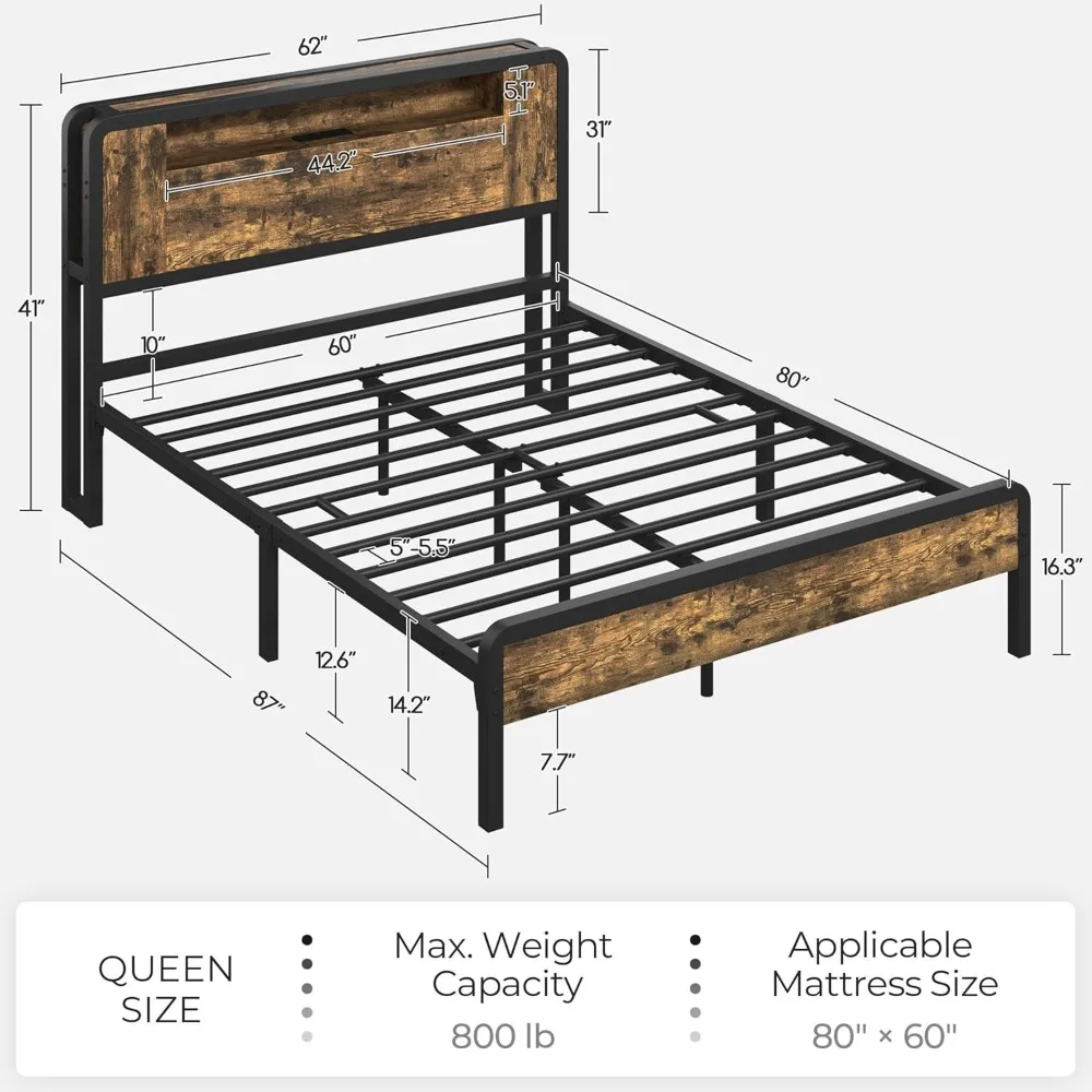 Full/Queen size Bed Frame Metal Bed with Wooden Headboard/Footboard, Storage Space and Adjustable LED Light, Mattress Foundation