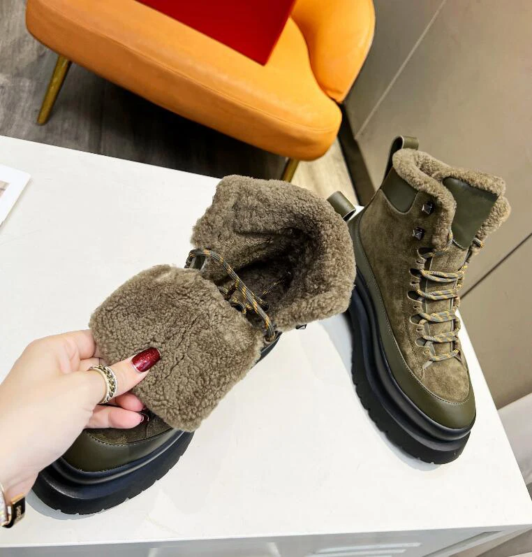 Warm Wool Fur Winter Boots Women New Arrival Lace Up Thick Sole Platform Height Increasing Cool Knight Bootie Green Brown Shoe