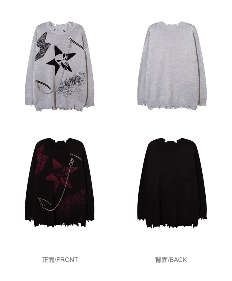 2025 Spring and Autumn New Men's Dark Style Design Matching Necklace Black Red Sweater Distressed Hollow Gray Casual Sweater