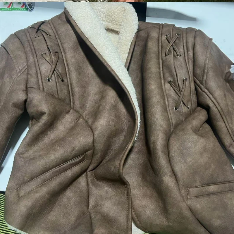 Women Sheepskin Neck Spliced Faux Leather Coat With Belt Fashion Loose Lapel Pocket Overcoat Lady Winter Warm Thicken Streetwear