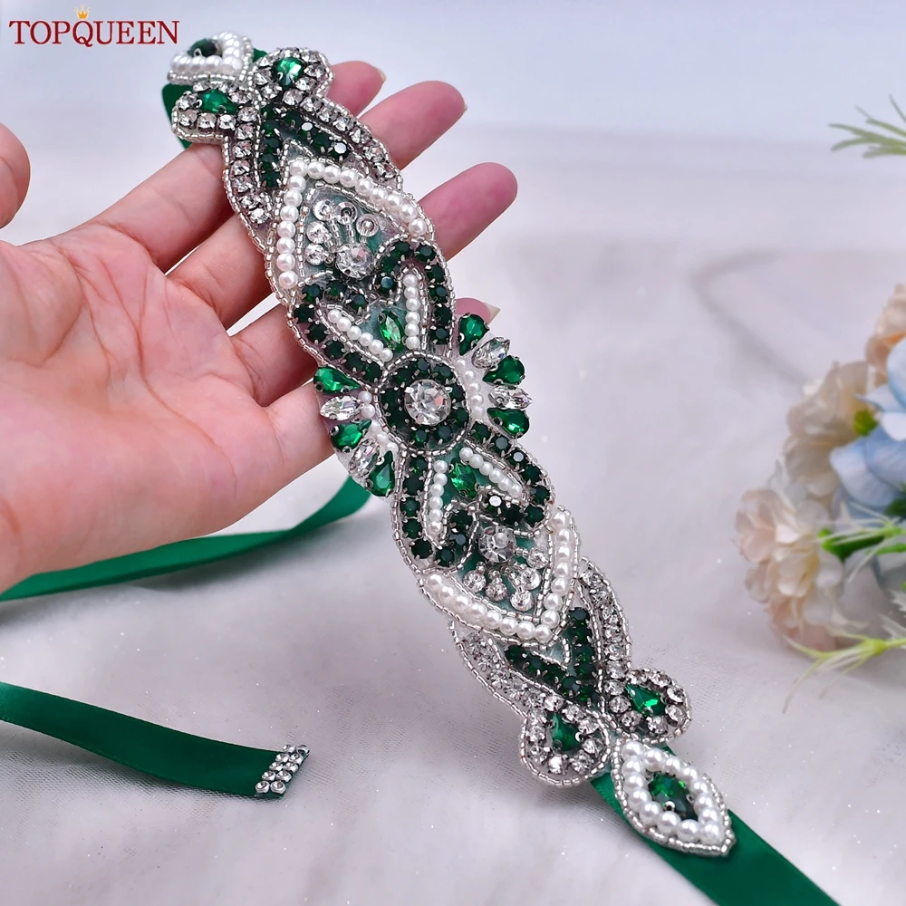 

TOPQUEEN Green Gemstone Bridal Belt Sash Wedding Belt Formal Garment Waist Accessories Ribbon Decoration Applique S208-KL