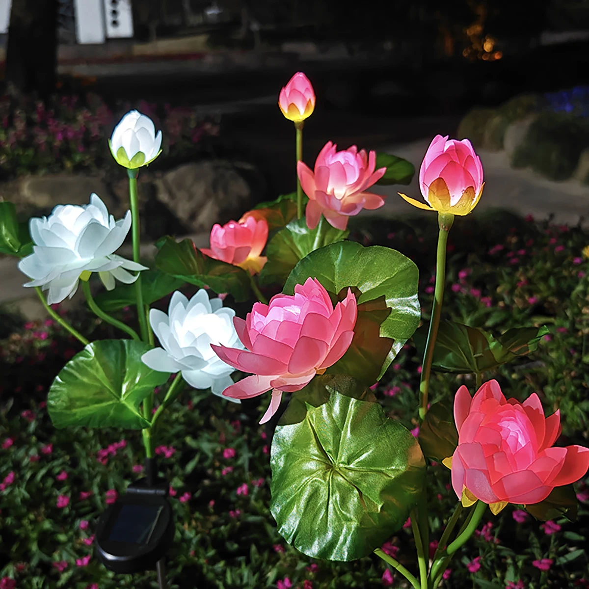 

Solar Lotus Lights Outdoor Garden Lights with 3 LED Lotus Lights for lawn, garden, sidewalk, landscape lighting