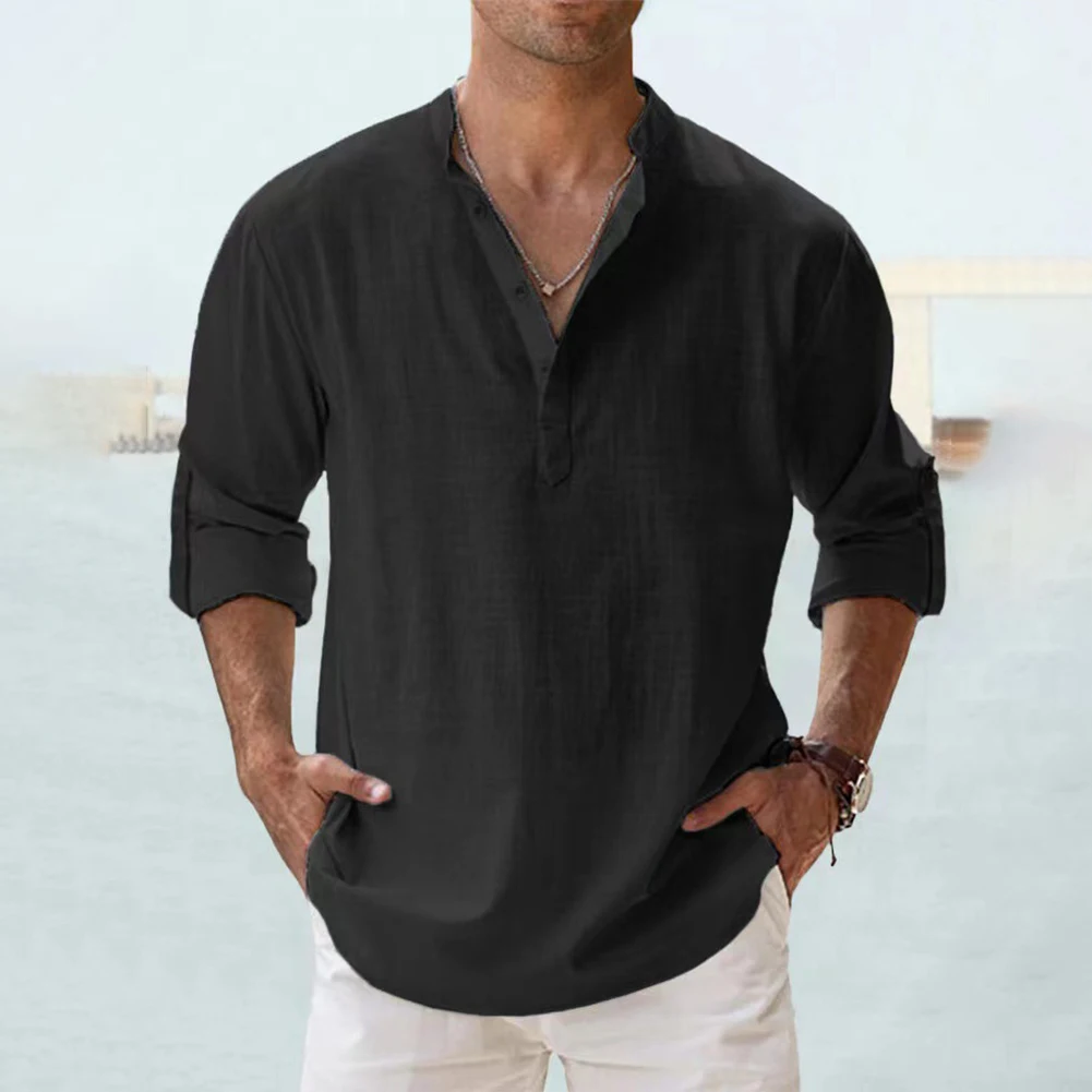 Solid Color Men's Casual Long Sleeve Top with Structured Standing Collar for Summer Travel Outdoor Recreation and Everyday Wear