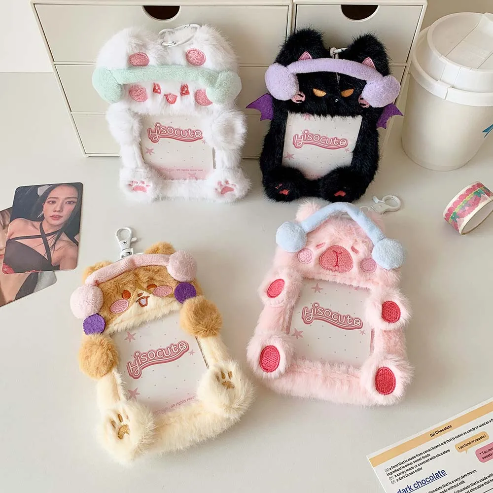 Animals Cartoon Photocard Holder Devil Cat Capybara Bear Capybara Keychain Ins Stuffed Dolls Sleeve Plush Hollow Photo Frame