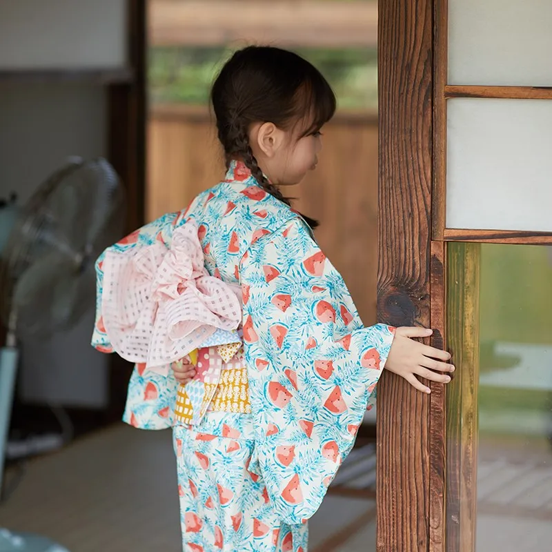 Léto bavlna lehký zelená meloun potištěné japonský  dětské kimono japonský župan girl`s šaty vystoupení yukata ZE496