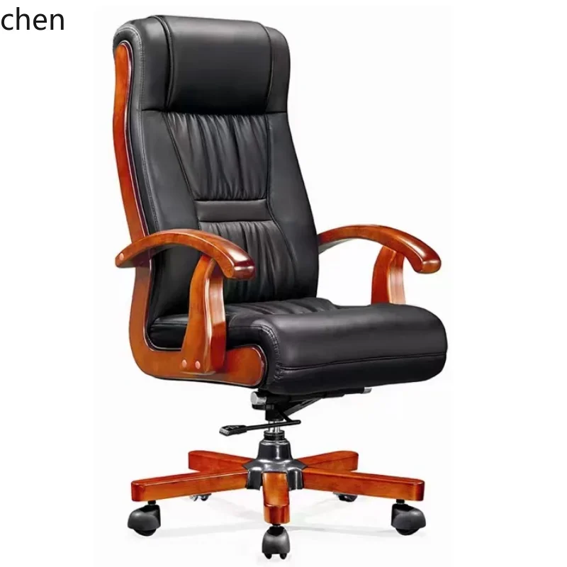 solid wood armrest boss chair cowhide reclining multi-functional happy office chair lifting chair