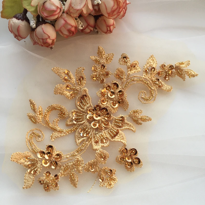 DIY Handmade Beaded Flower Applique, Flower Patch, Wedding Dress Accessories, Lace Embroidery, Mending Clothes,2 Pair/4 Pc