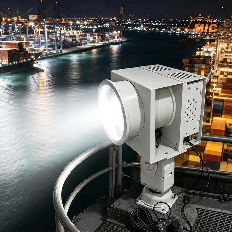 Motorized Remote Control LED Searchlight Joystick Pan Tilt 360 Degree Seaport Terminal Cargo Deck Security Lamp Supplier