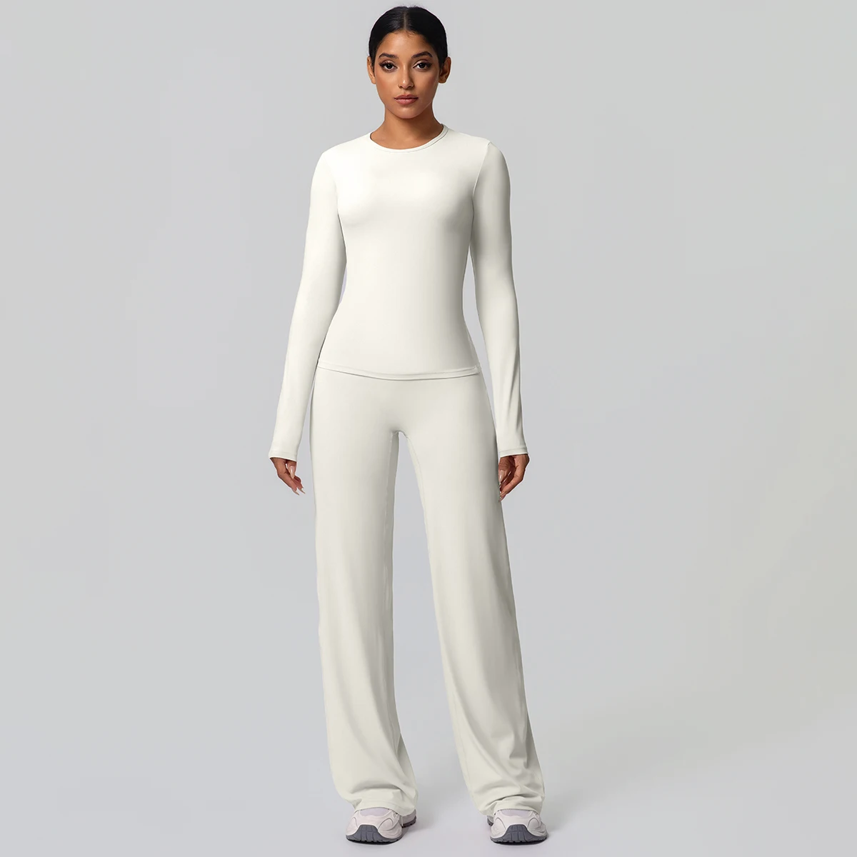 2 stück Frauen Gym Yoga Set Lauf Shirts Schlank Lange Ärmel Workout Top Schnell Trocknend Hohe Stretch Breite Bein Hosen dünne Yoga Set – Detail 25