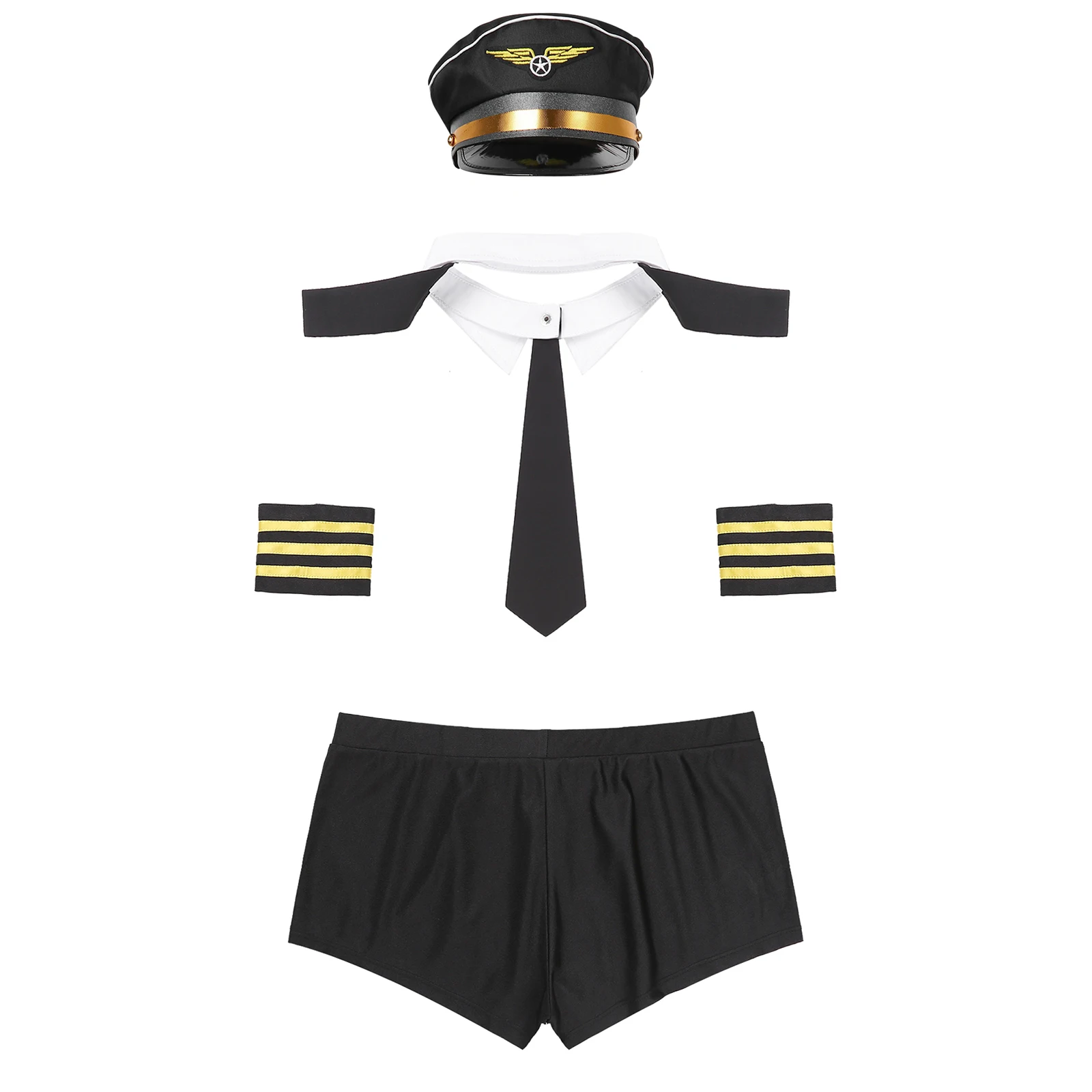 Uomo Captain Lingerie Outfit Costume di Halloween Cosplay pantaloncini Boxer a vita bassa colletto staccabile polsini a righe con cappello aereo