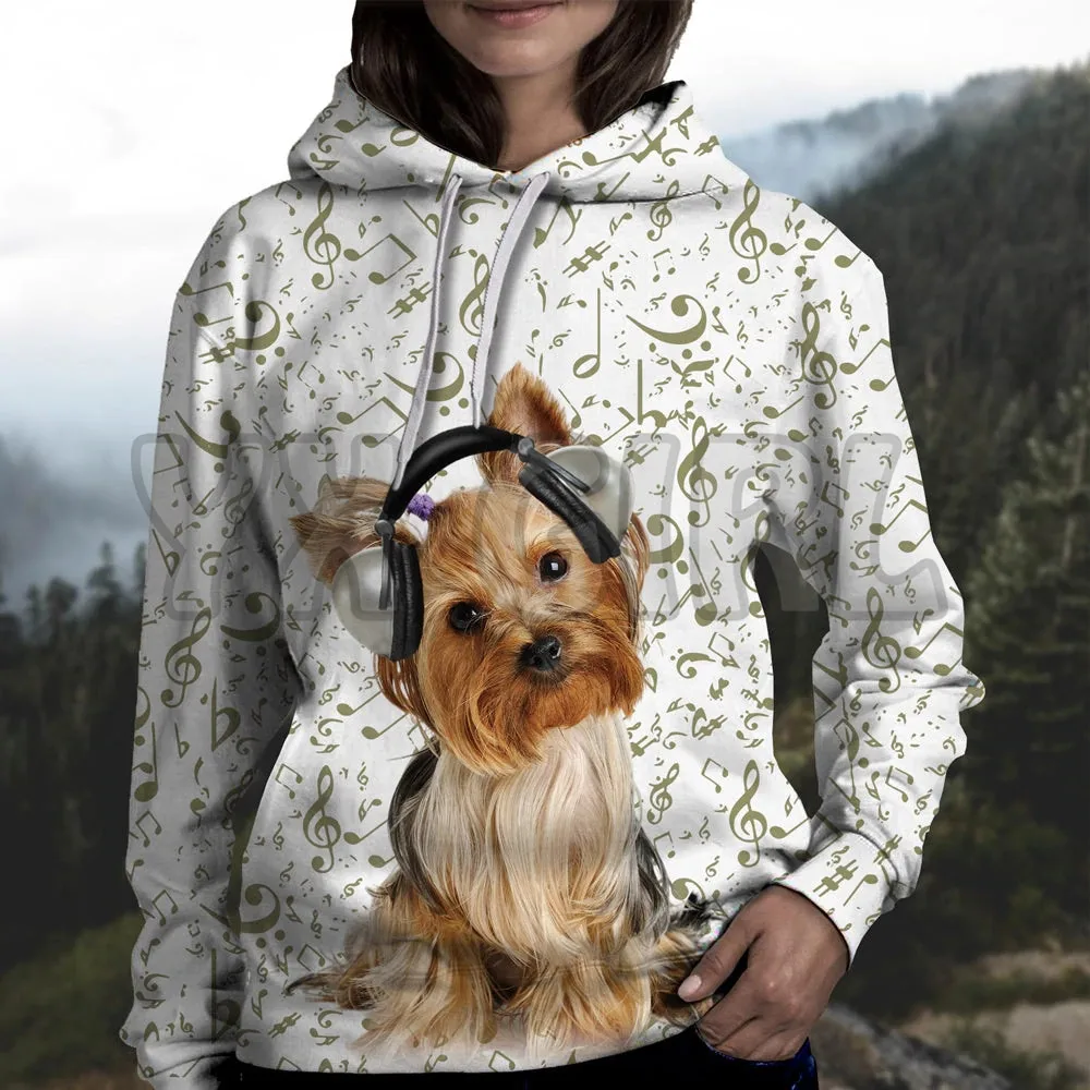 Musik Bagus dengan Hoodie Gambar 3D Yorkshire Terrier Pakaian Olahraga Jalanan Kasual Hoodie Anjing Lucu Pullover Uniseks