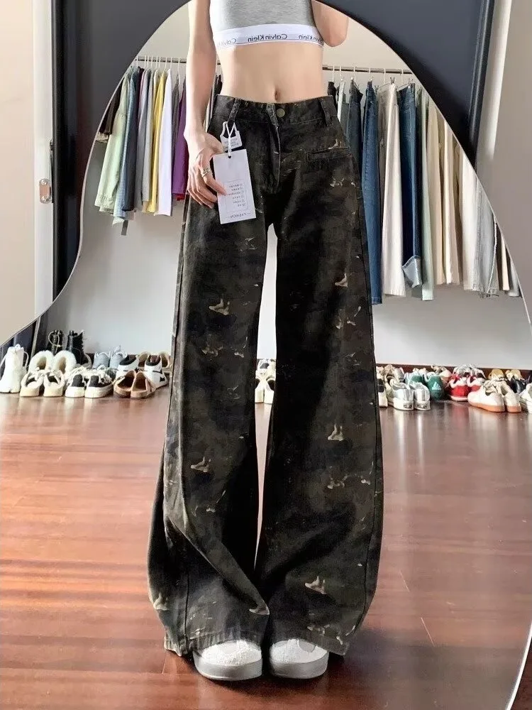 

Американские камуфляжные рабочие брюки для женщин, тонкие, с высокой талией, стройнящие, свободные, драпирующиеся, прямые, широкие джинсы, осенняя одежда