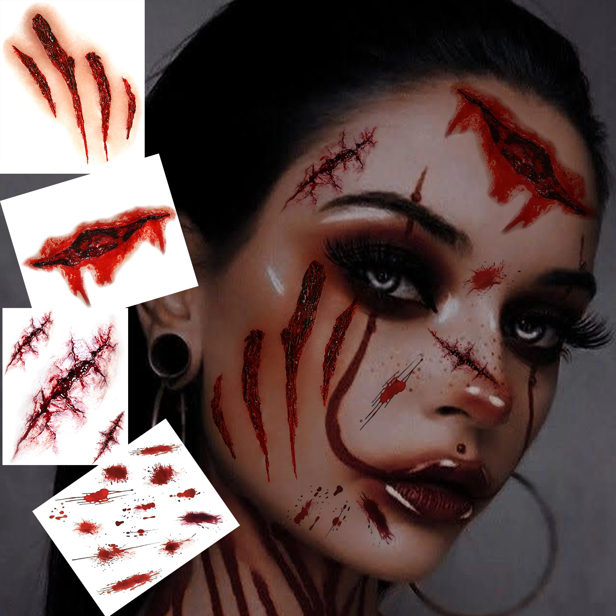 4 Sheets Realistic Bloody Stitched Wound Scar Halloween Zombie Vampire Cosplay Temporary Tattoo, Waterproof Fake Tattoo Stickers