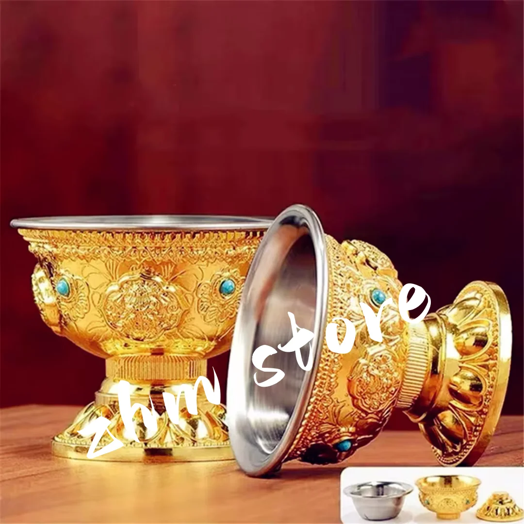 

Auspicious Gilt Drinking Buddha Bowl, Inlaid Gem Zinc Alloy Holy Water Cup Buddhist Bowl Home's Gift Collection Decorative