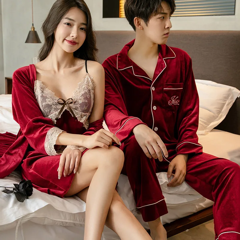

Autumn Winter Women Bathrobe Gown Couple Gold Velvet Sleepwear Loose Velour Men Shirt Pants Loungewear