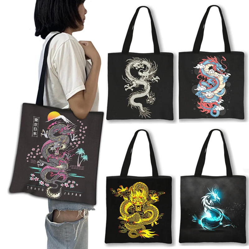 Gothic Asian Dragon Tote Bag Women Punk Handbag Girls Harajuku Shoulder Bags for Travel Female Large Capacity Shopping Bag