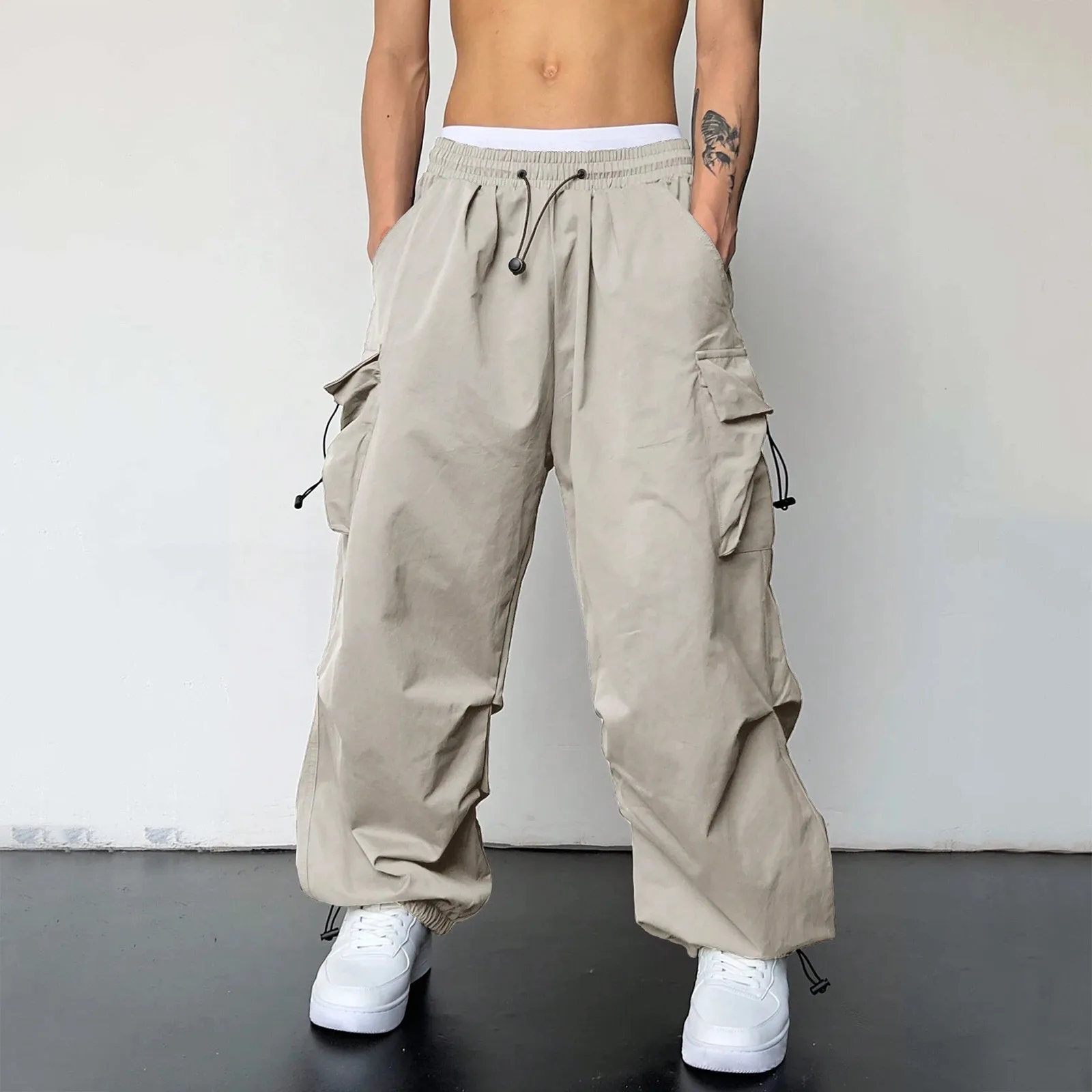 Mens Cargo Pants Multi Woven Pocket Foot Rope Solid Pants Tie Sports Trousers Thin Streetwear Male Casual Pants  Ropa Hombre