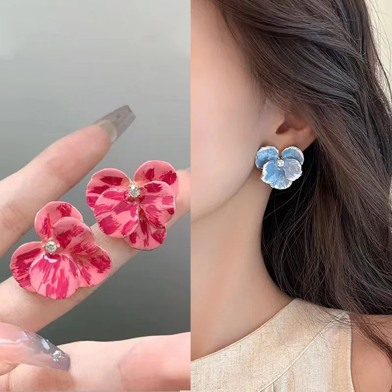 Pink Flowers Drops Glaze Earrings Japanese And South Korean Style Elegant Fashion Stud Earrings Ms Travel Wedding Accessories