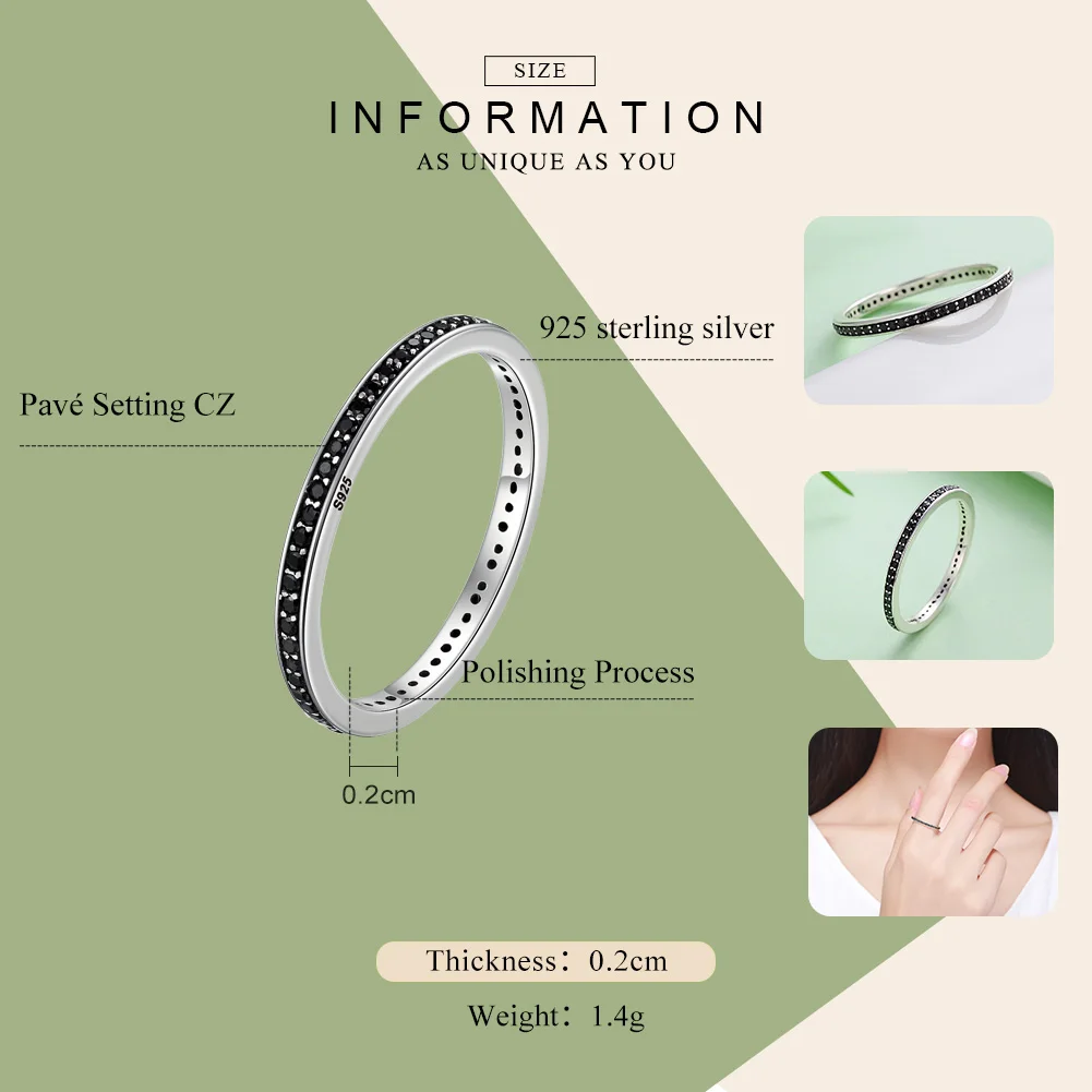 WOSTU Authentic 925 Sterling Silver Finger Stackable Rings With Black CZ For Women Fashion Jewelry Fine Gift FIR114