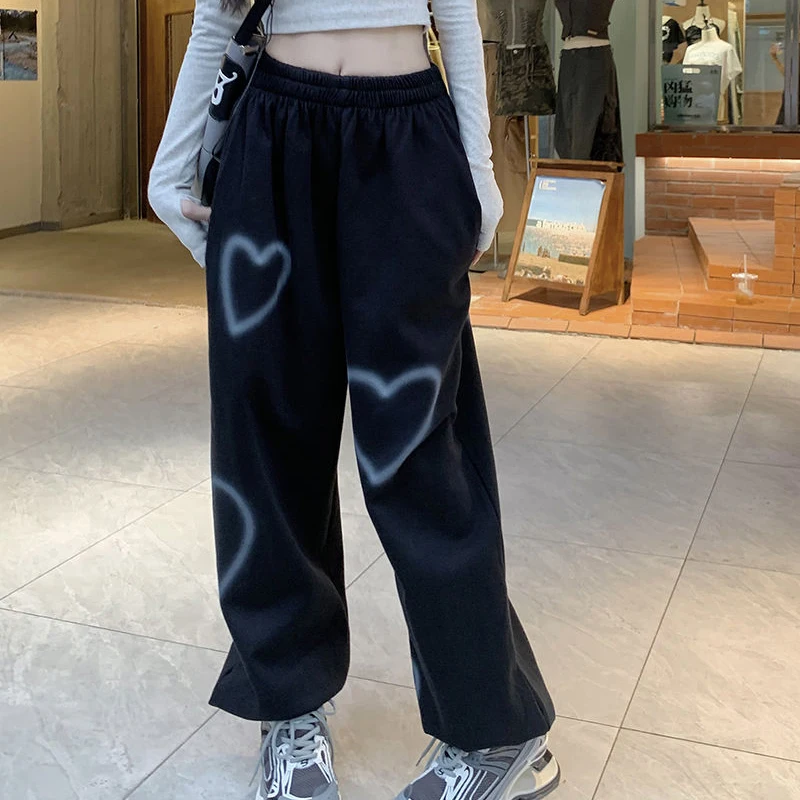 High Quality Heart Printing Casual Pants Women Bf Cotton Vintage Loose Straight Jogging Pants Fashion Hip Hop Streetwear