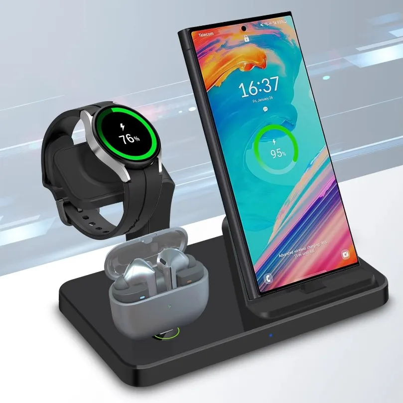 Desk 3in1 Wireless Charger Station Type C Port Fast Charging Dock Compatible with Samsung Galaxy Phone Watch Earbuds