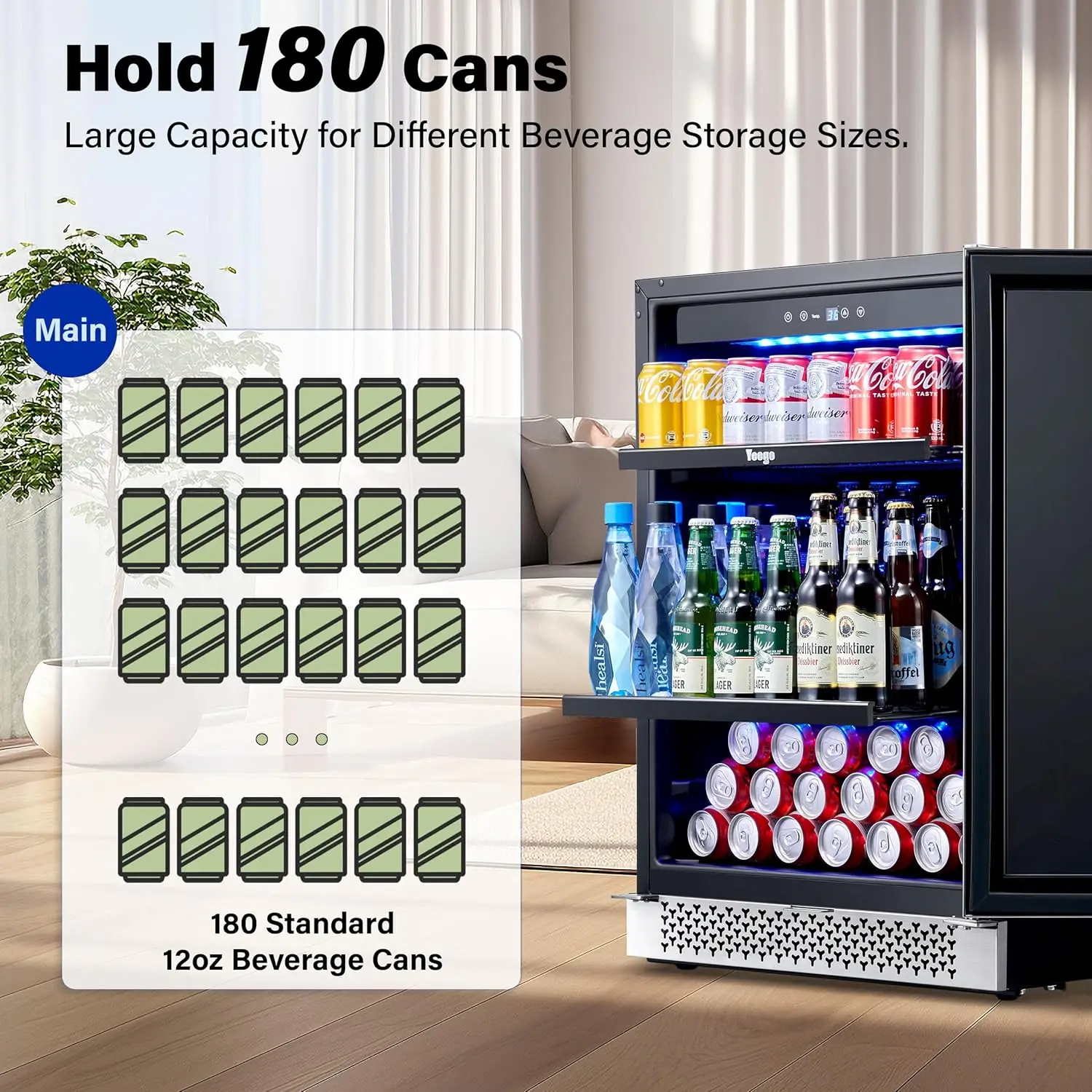 Beverage Refrigerator & Drink Fridge - 24 inch 180 Cans Beer Cooler Glass Door with Lock, Reversible Door Under Counter Refriger