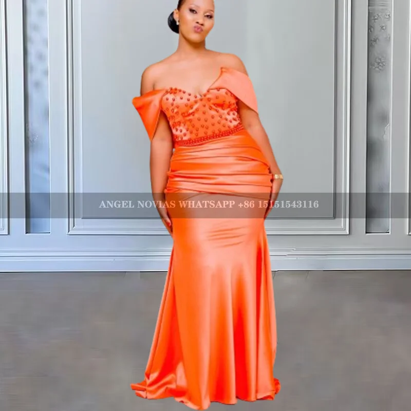 Customized Orange Mermaid African Bridesmaid Dresses with Pearls Bride Maids Gowns vestidos de fiestas robes invitée mariage