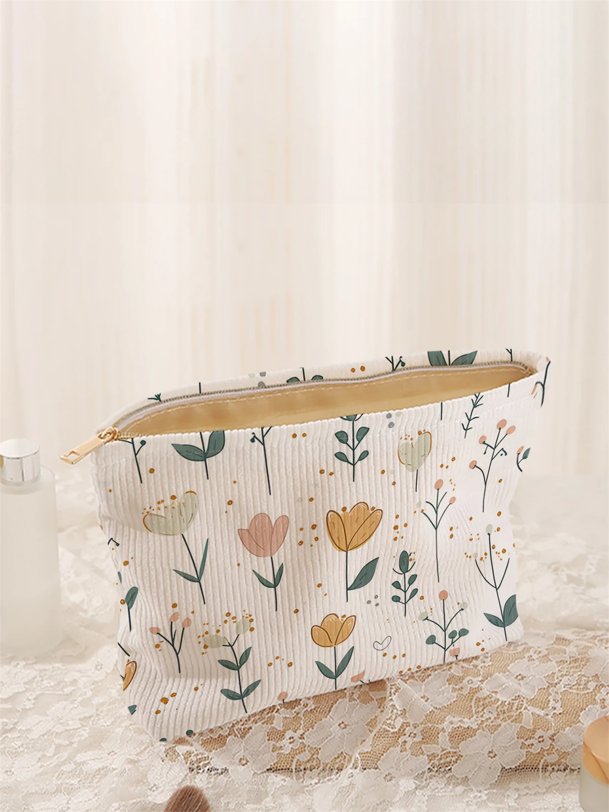 กระเป๋าแต่งหน้าผ้าลูกฟูกพิมพ์ลายดอกไม้ 1 ชิ้น, กล่องเก็บเครื่องสำอางแบบมีซิปน้ำหนักเบา, กระเป๋าอเนกประสงค์พร้อมซับใน