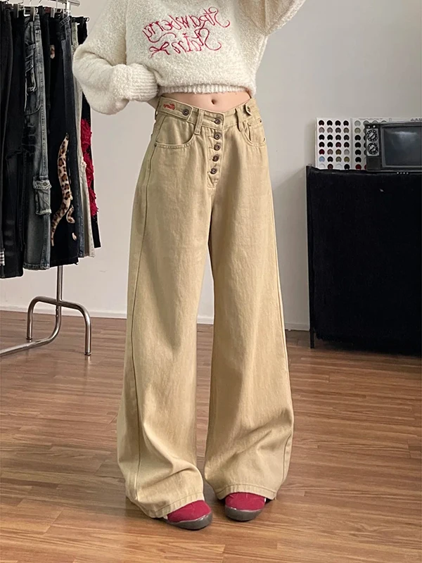 

American Retro Khaki Wide Leg Knife Jeans Women's Winter New Design Loose Fit Casual Trousers Machine Embroidery Splicing