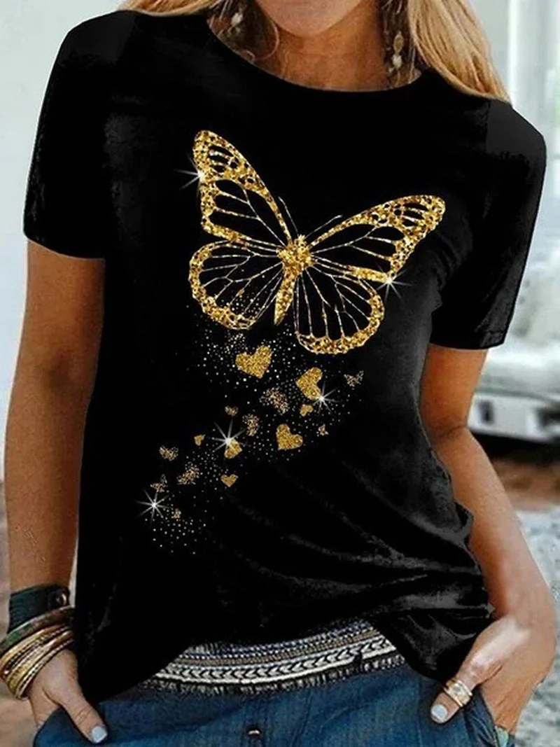 

Golden Butterfly Print Women T Shirt Short Sleeve O Neck Women Tshirt Ladies Tee Shirt Tops Clothes Camisetas Mujer Y2K Top